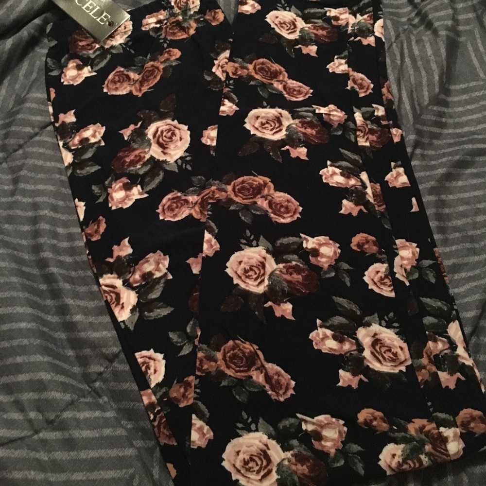 Black,  Pink Floral leggings